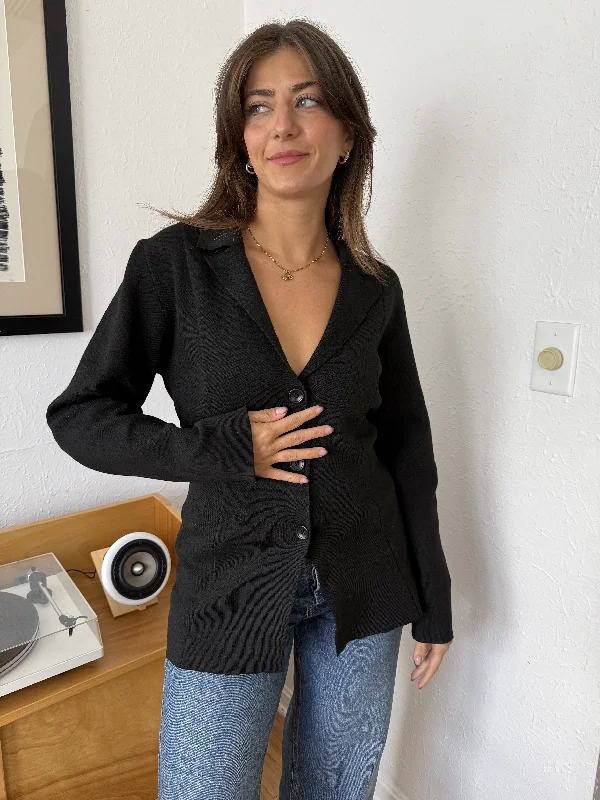 Nicol Black Knit Buttoned Blazer Long Sleeve Top