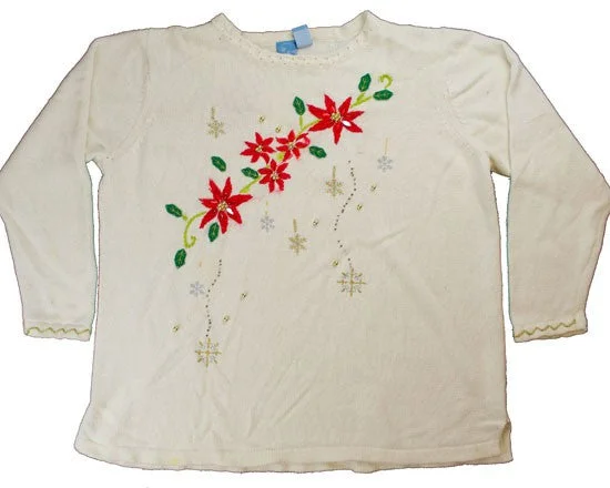 Stitched Flowers-White Large Sweater