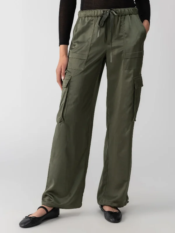 Satin Cargo Standard Rise Wide Leg Pant Dark Olive