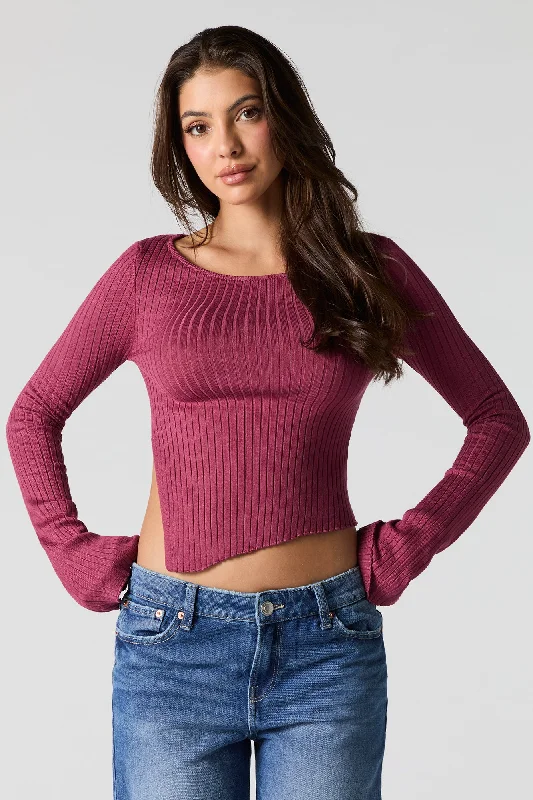 Asymmetrical Split Hem Ribbed Knit Sweater