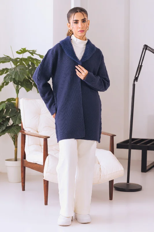 NAVY COAT COLLAR FULL SLEEVES CARDIGAN SWEATER (24X-075-66)