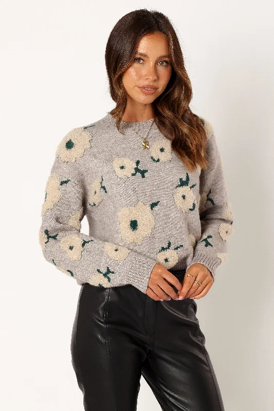 Aubrielle All Over Flower Knit Sweater - Grey Green