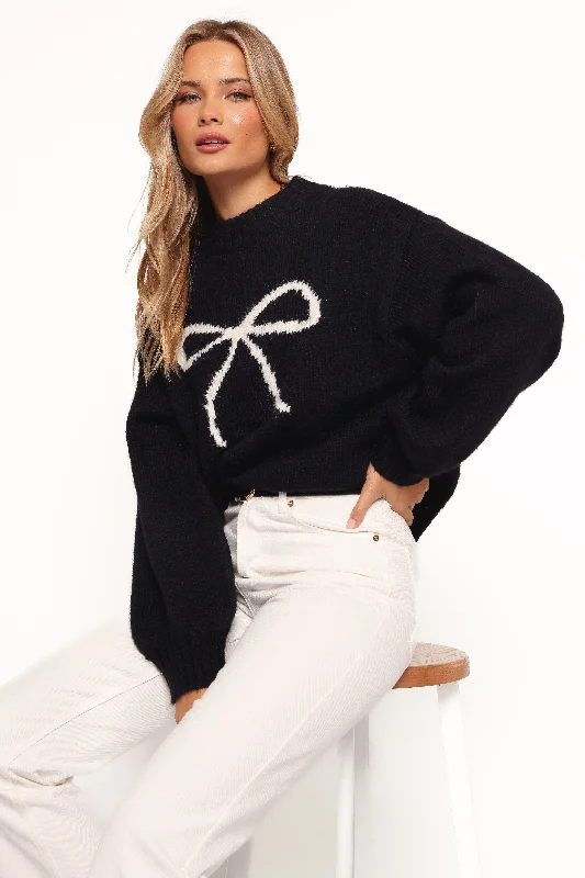 Cecelia Bow Print Mock Neck Knit Sweater - Black