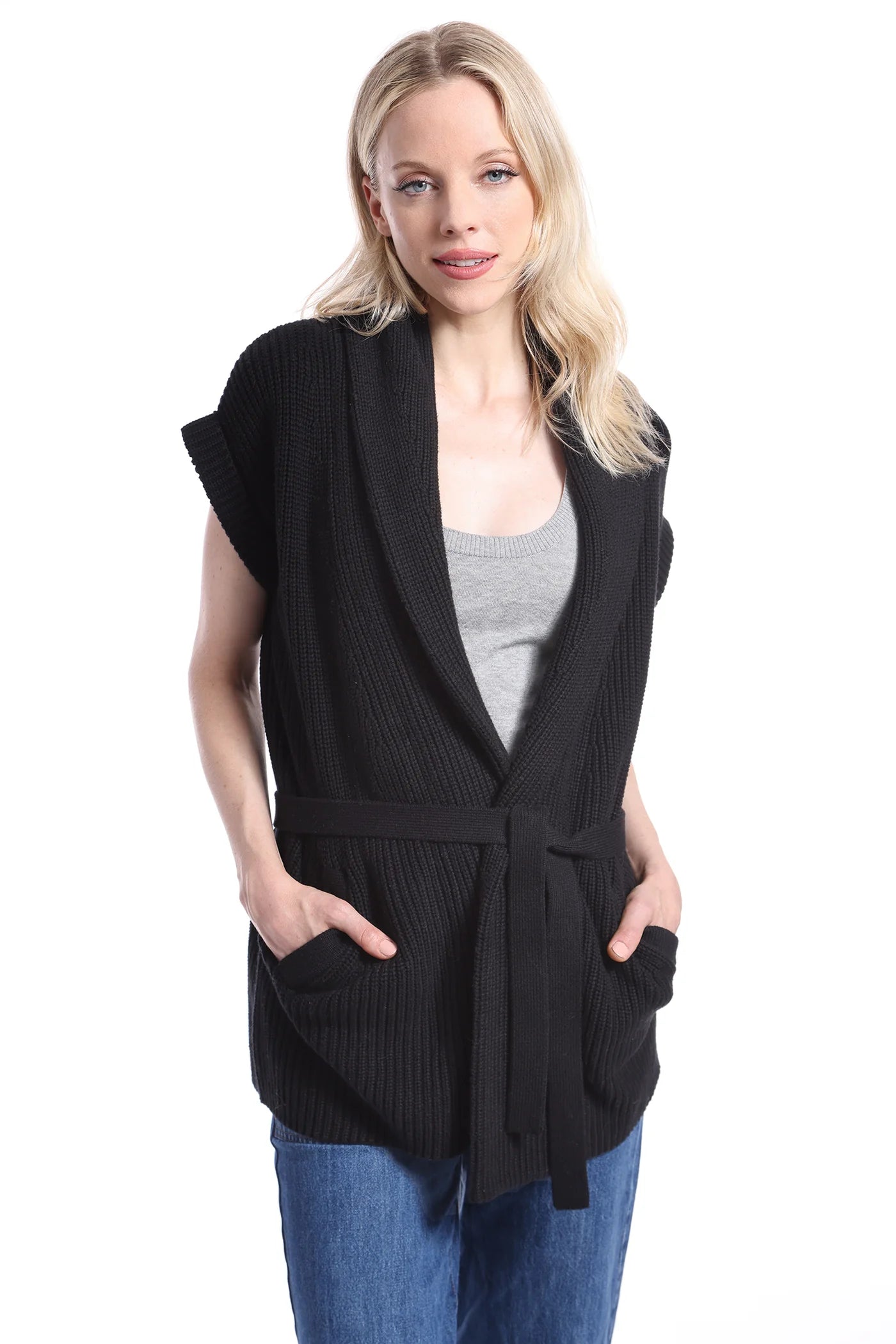 Cotton Shaker Shawl Collar Belted Cardigan Black