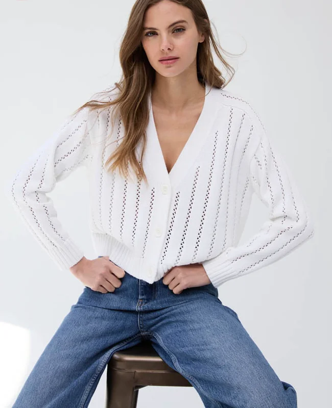 Cropped V-Neck Cardi Pointelle Ladder Stitch Bleach White