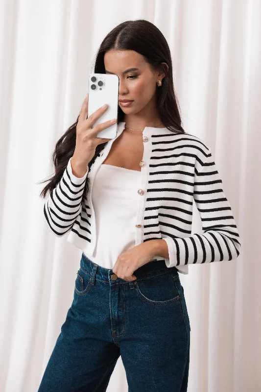 Cynthia Striped Button Front Cardigan - Black/Cream