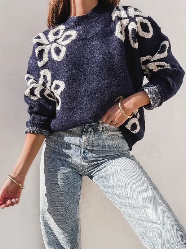 Georgie Floral Knit Sweater in Navy