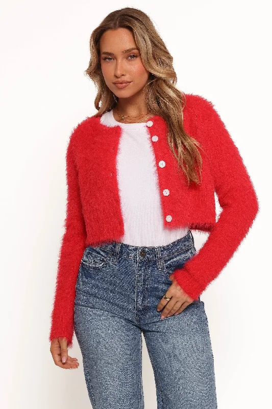 Tavan Crop Button Front Cardigan - Red