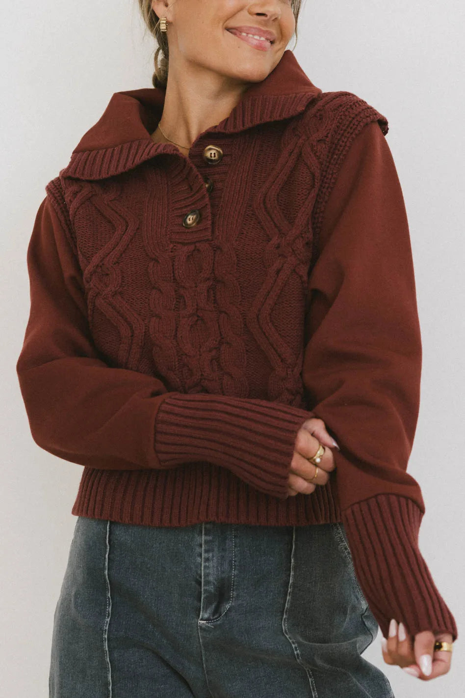 Irene Cable Knit Sweater in Burgundy