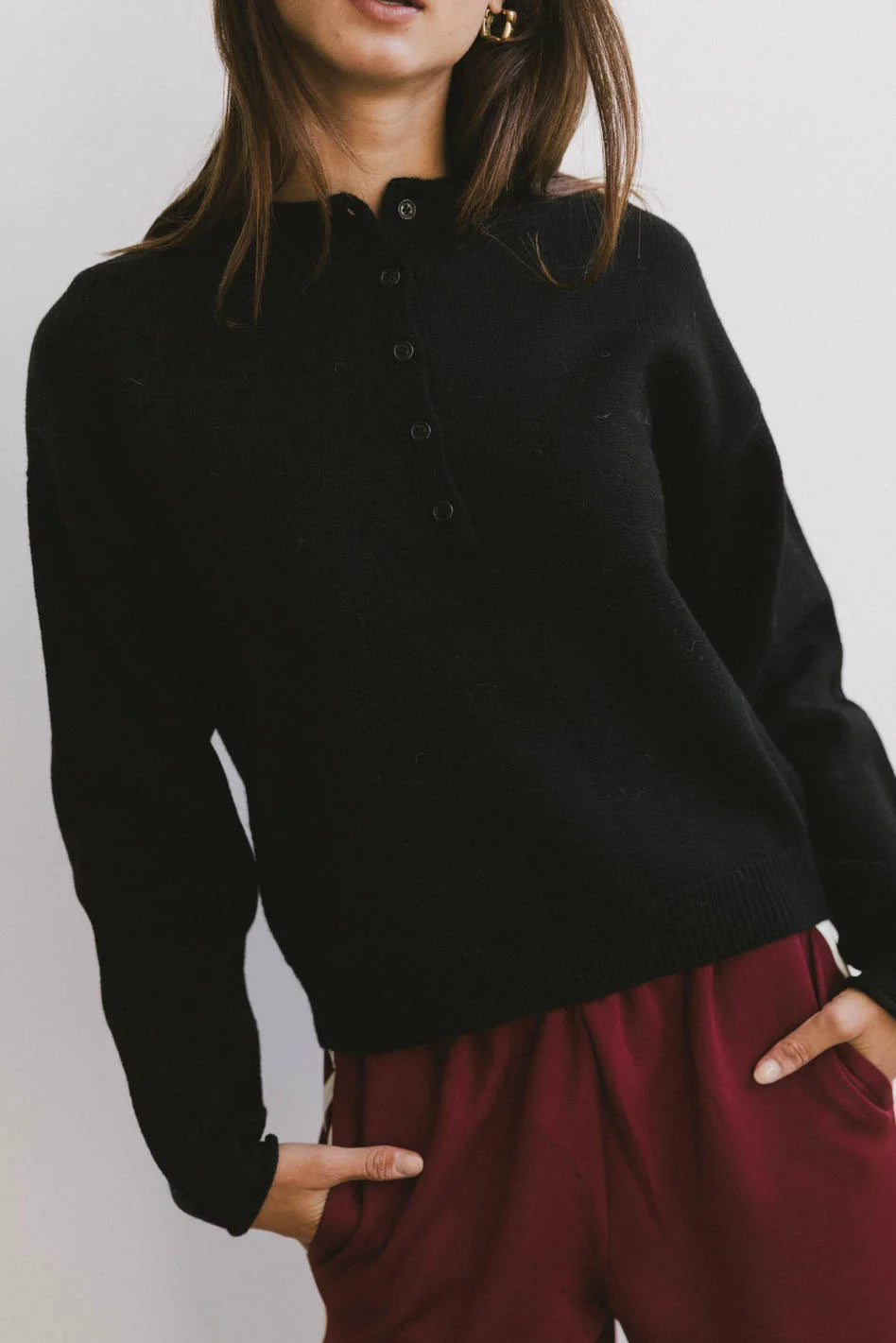 Meli Button Front Knit Sweater in Black