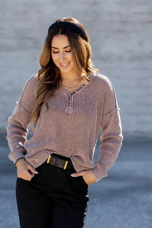 Vintage Washed Button Accented Knit Sweater