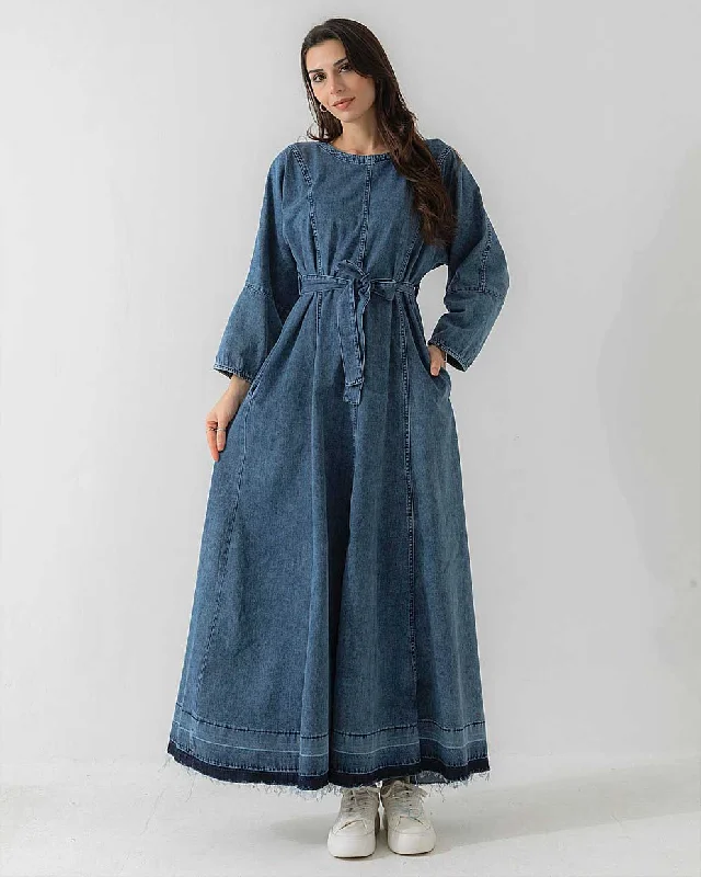 Casual Belted Denim Long Dress - One Size