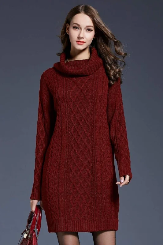 Mixed Knit Turtle Neck Dropped Shoulder Sweater Dress