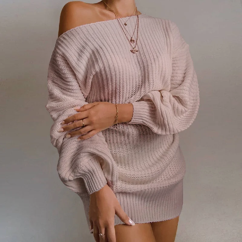 Off-Shoulder Knitted Lantern Mini Dress