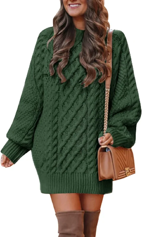 Amy Fashion - Women's Crewneck Long Sleeve Cable Knit Sweater Dress