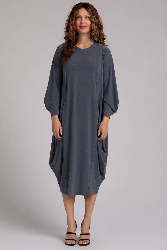 Easy Crew Neck Lantern Dress | Melange Gunmetal