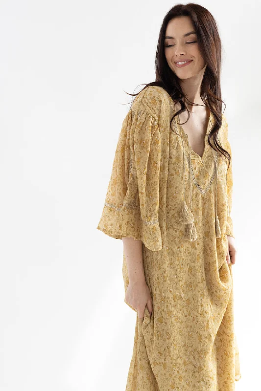 Golden Floral Midi Dress