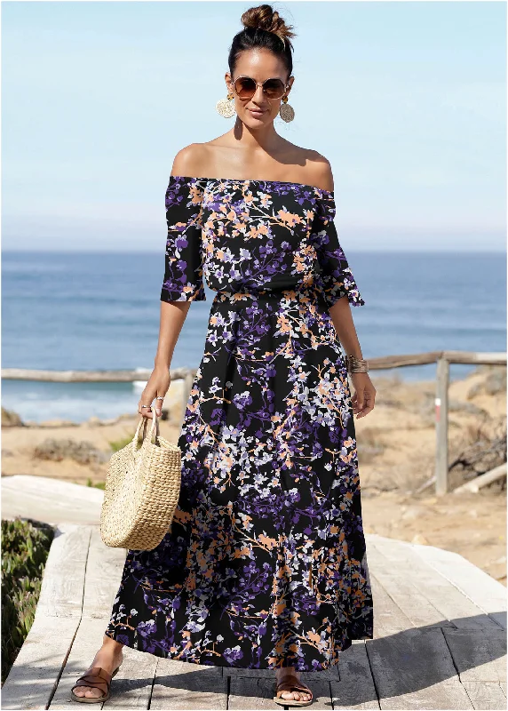 Off-The-Shoulder Maxi Dress - Purple Multi