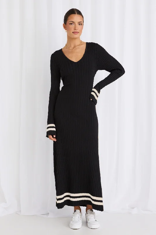 Main Black Stripe LS V Neck Maxi Knit Dress