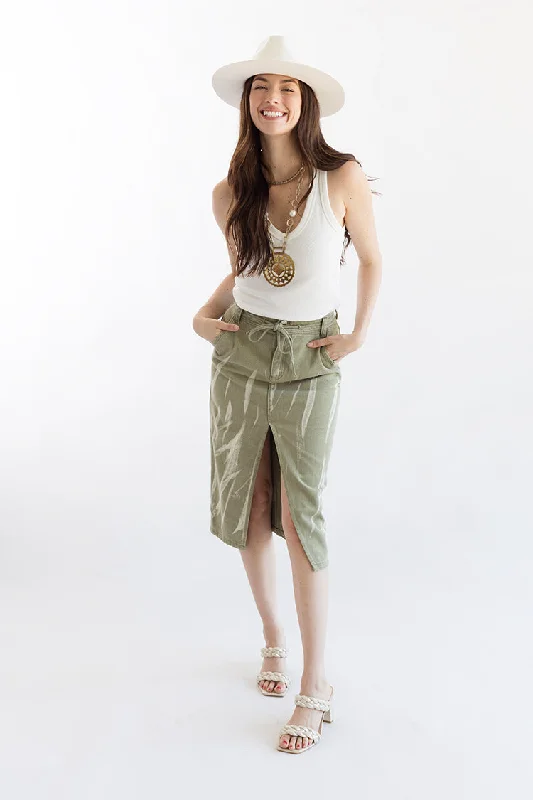 Olive Denim Midi Skirt with Distressing