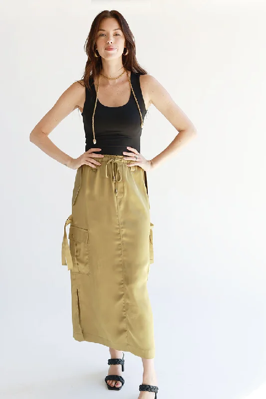 Olive Silk Cargo Maxi Skirt