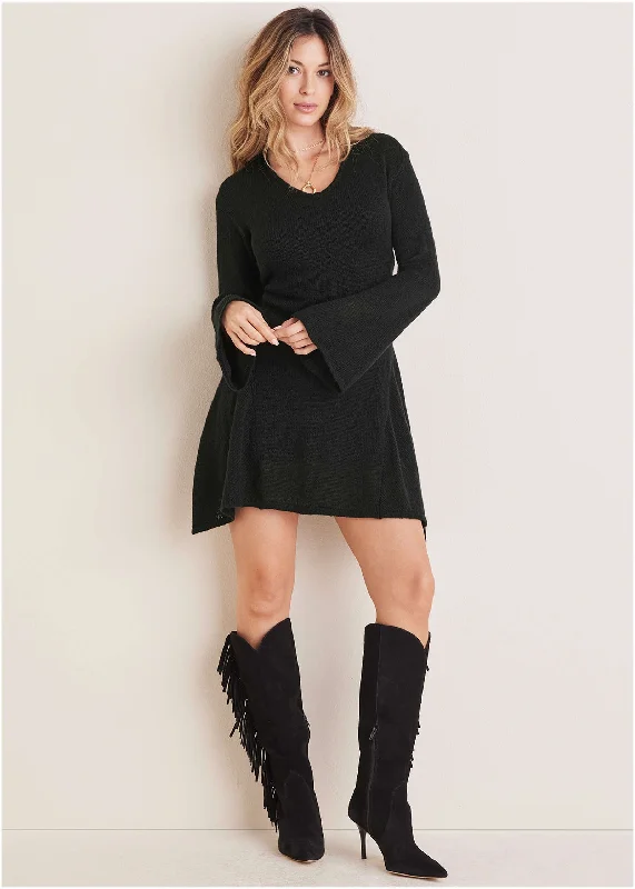 Bell Sleeve Sweater Dress - Black